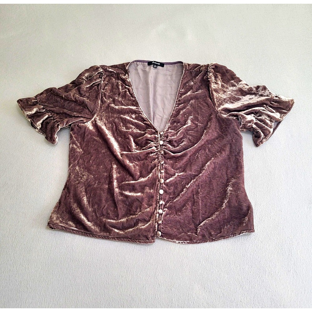 Madewell Gray Crushed Velvet V-Neck Shirt Blouse Women's Size 12 Side Zipper